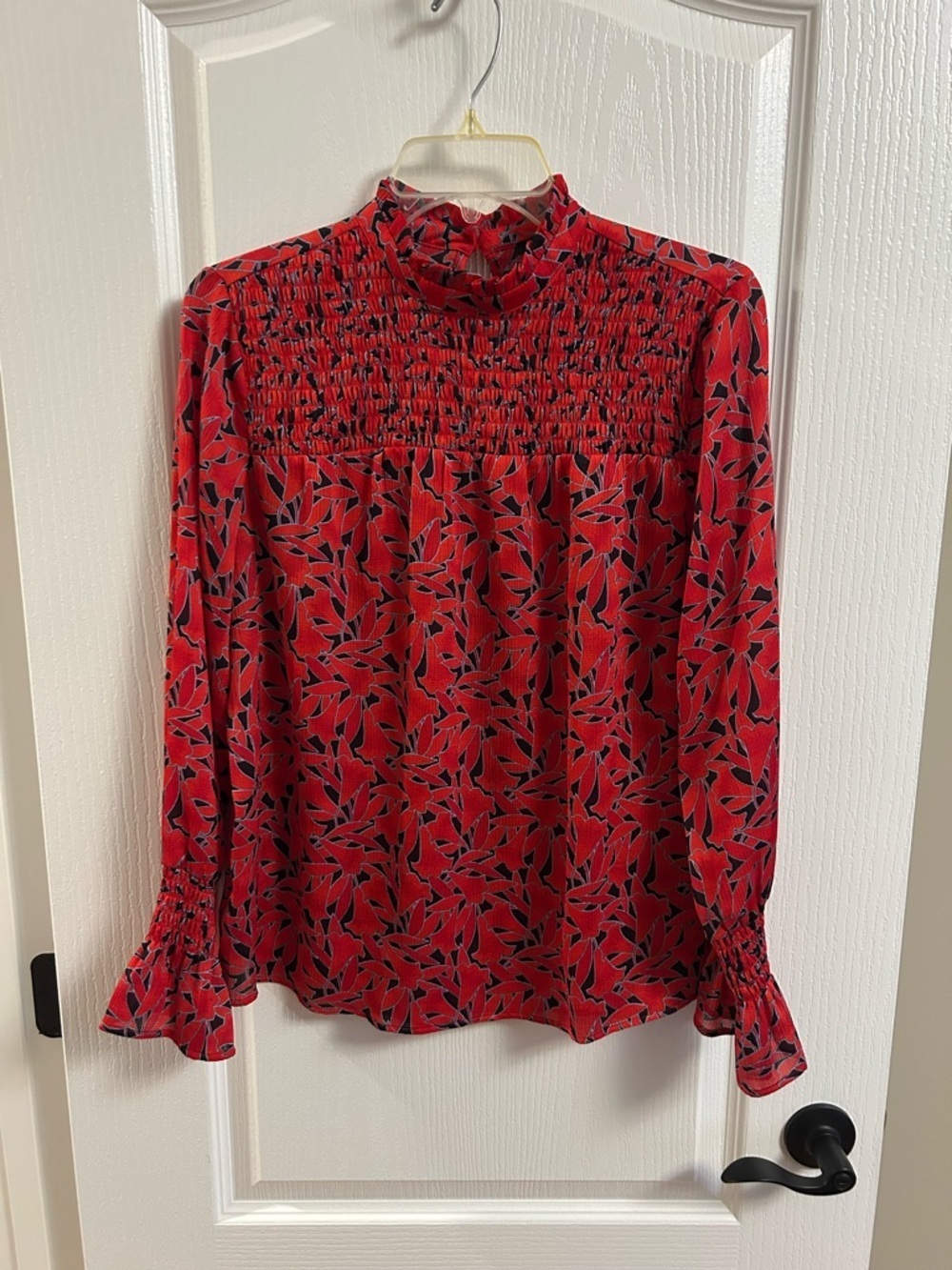 Ann Taylor Red Printed Smocked High-Neck Blouse